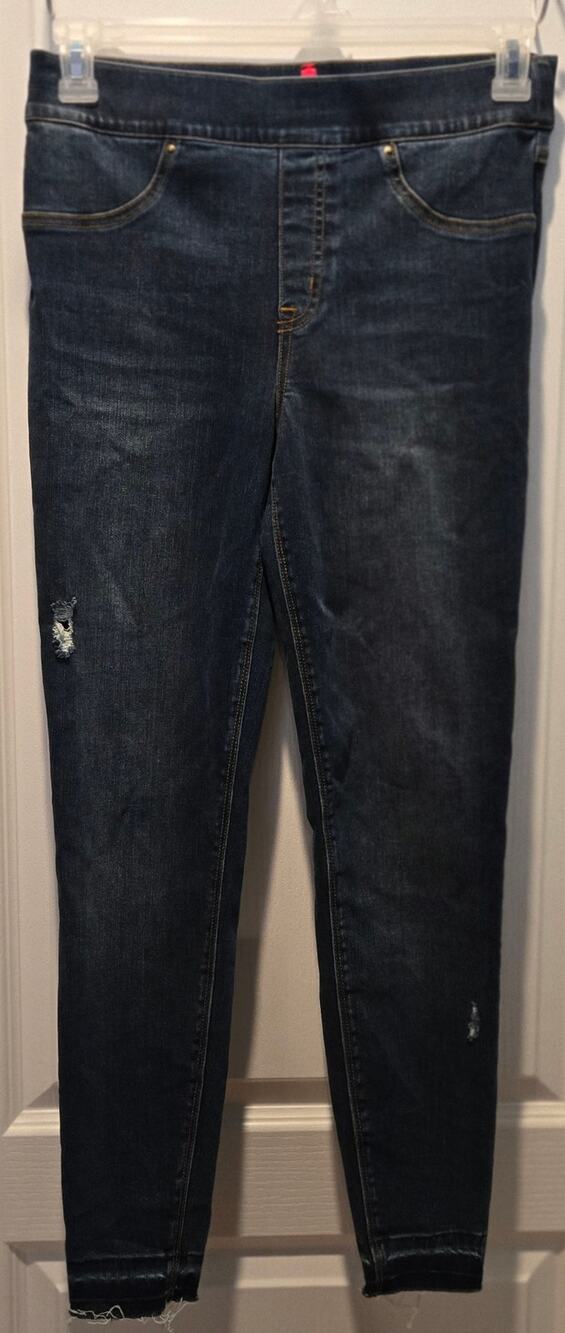 Spanx Sz M Jeans Distressed SKINNY Ankle Length Stretchy Pull raw hem